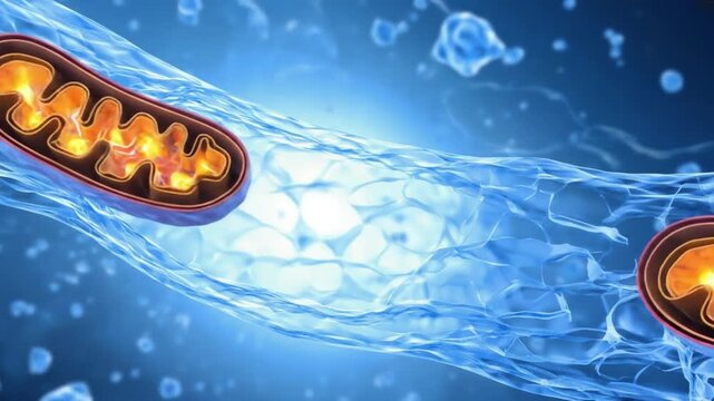Scientific illustration of mitochondria within a cell, showcasing energy production and cellular processes