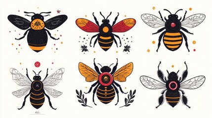 Obraz premium A collection of meticulously illustrated bees with intricate details and designs