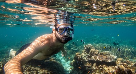 Man snorkeling in vibrant coral reef.