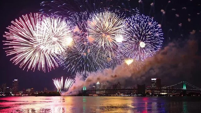 Pyrotechnic displays illuminating the nocturnal sky above metropolitan area