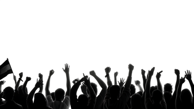 Cheering crowd raised hands isolated on a transparent background