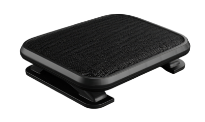 Black rectangular footrest, angled view.  Textured fabric top, metal frame