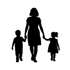 Mother Walking with Children Silhouette - Family Holding Hands Vector Illustration
