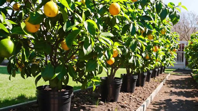 Multiple young citrus trees cultivated within large black plastic containers arranged in row during the spring season
