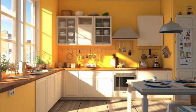 Sunlight streams into a corner kitchen featuring white cabinets, wood countertops, and a yellow wall, with a small dining table set for two nearby.