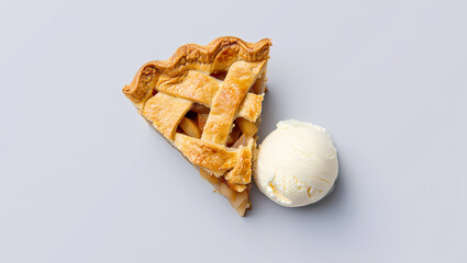 A slice of apple pie with vanilla ice cream, isolated on white background