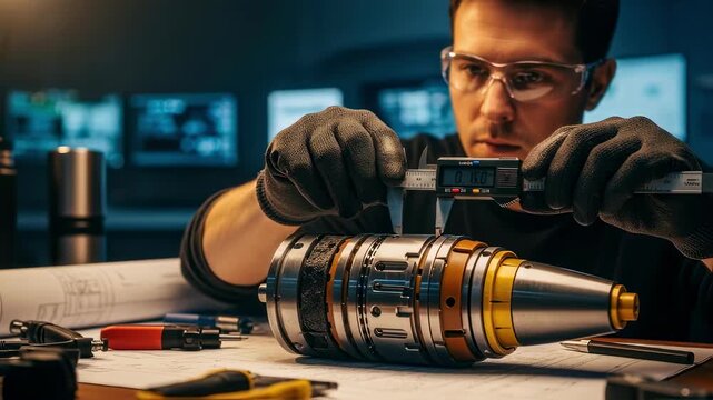 Engineer using a digital caliper to take precise measurements on a partially completed railgun sabot.