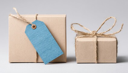 Two light brown kraft paper gift boxes, tied with natural twine, and one featuring a light blue tag