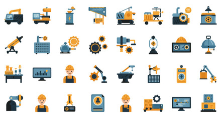 A diverse set of flat design icons depicting industrial machinery, engineering, and manufacturing processes.