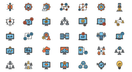 Obraz premium Collection of technology and networking icons illustrating digital communication, data management, and business process concepts.
