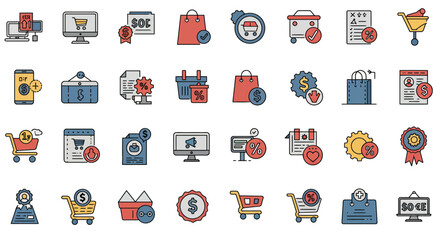 A collection of colorful flat design icons representing various aspects of e-commerce, online shopping, and digital payment processes.