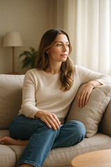 Fototapeta premium Peaceful woman relaxing on sofa enjoying quiet time at home looking out window