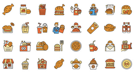 A vibrant collection of flat design icons representing various fast food items, drinks, and service elements, showcasing a diverse range of popular culinary choices.