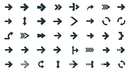 A collection of various dark gray arrow icons illustrating different directions, movements, and navigation concepts on a white background, showcasing diverse...