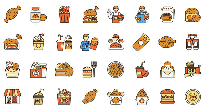 A vibrant collection of flat design icons representing various fast food items, drinks, and service elements, showcasing a diverse range of popular culinary choices.