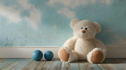 Teddy bear and two blue balls on a wooden floor, with a blue wall. Bored at gym children theme kids toys background. Christmas teddy bear, baby shower bear children's toy 