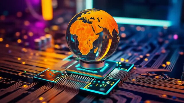 A globe resting on a computer chip with glowing circuit lines underneath. 4k video