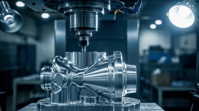 Fiveaxis CNC milling machine sculpting a titanium rocket turbopump housing with complex contours and tight tolerances under bright factory lights.