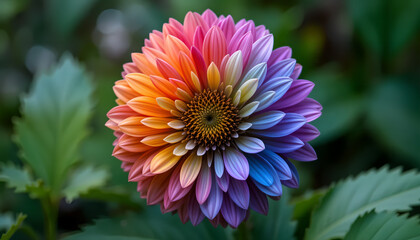 A vibrant chrysanthemum with petals in a gradient of rainbow colors—from red to blue—set against lush green foliage, evoking a sense of wonder and beauty.