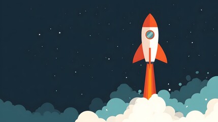 Flat illustration of a rocket with clouds and planets. rocket in space concept