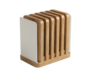 Wooden multi-slotted organizer with off-white accents.  Seven slots for small items, like coasters or phone chargers, are visible in a light-brown wood.