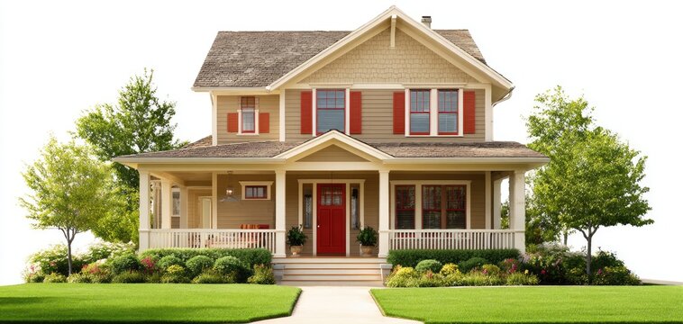 Beige two-story home with red accents, front porch, and landscaping