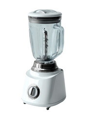 A white blender with a glass jar.  It has a chrome base and handle, and a white lid