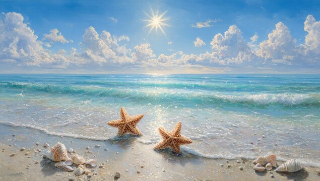 Sunny beach scene with starfish (1)