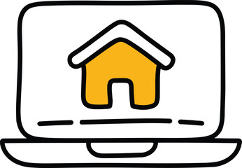 Vector art of online real estate search on laptop, showcasing house icon for property listings, home search, and real estate services available on the internet