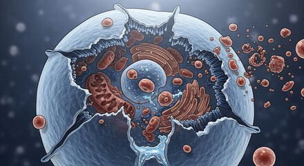 Detailed scientific illustration of a human cell undergoing apoptosis, showing the ruptured membrane and exposed organelles like the nucleus and mitochondria