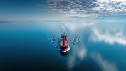 Cargo ship sailing calm reflective ocean waters under cloudy sky, maritime transport, commercial shipping, sea freight logistics, global marine industry, vessel navigation, ocean transport, industrial
