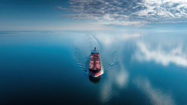 Cargo ship sailing calm reflective ocean waters under cloudy sky, maritime transport, commercial shipping, sea freight logistics, global marine industry, vessel navigation, ocean transport, industrial