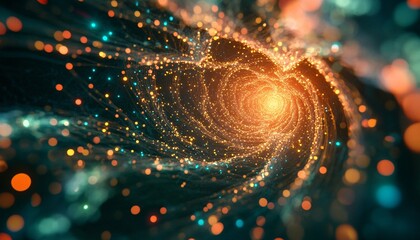 The illustration shows a dark background with a swirling vortex of bright orange, teal, and yellow lights and particles.
