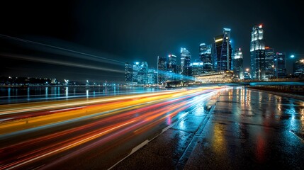 Fototapeta premium Long exposure shot of a vibrant city skyline at night with colorful light trails from vehicles on a wet road, reflecting the urban glow.