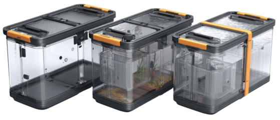 Three clear plastic storage containers with gray frames and orange handles.  Clear view of contents inside.  Containers are stacked horizontally