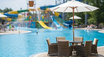 Relaxing Outdoor Seating Area by a Water Park Pool.