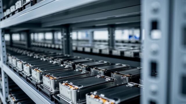 Industrial shelving storing freshly assembled lithiumion battery cells under regulated dryroom conditions before packaging.