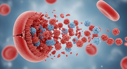 Advanced 3D rendering of a red blood cell disintegrating, releasing therapeutic particles or viruses into the circulatory system for medical research