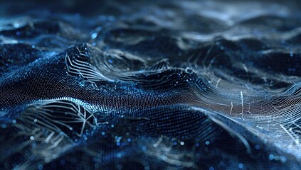 Abstract digital landscape of swirling, interconnected data points.  Dark blue and light blue lines and dots create a textured, undulating surface