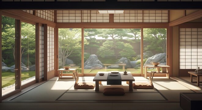 Traditional japanese room with garden view and low table