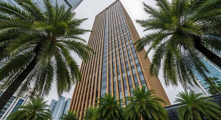 Fototapeta premium Modern skyscraper surrounded by palm trees under a cloudy sky