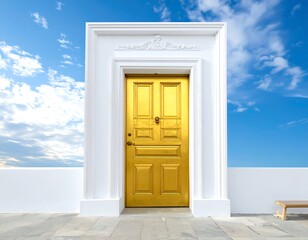 A gleaming golden door stands open against a backdrop of a clear blue sky filled with fluffy white clouds, signifying opportunity and hope.