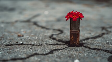 Resilient red blooms emerging from cracked pavement, symbolizing hope and renewal in urban environment, evoking strength and beauty against adversity