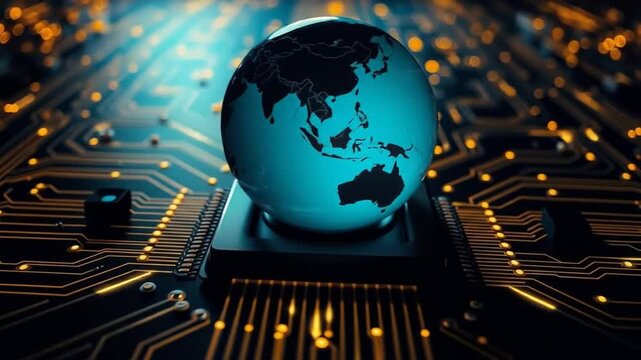 A globe resting on a computer chip with glowing circuit lines underneath. 4k video