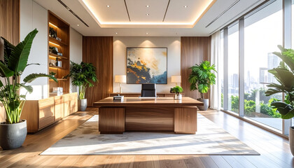 Executive Office Interior Glows. A modern, luxurious office with wooden desk, plants, city view. For marketing, design, real estate, web.