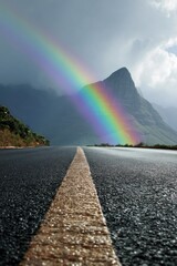 A vibrant rainbow arches over a wet asphalt road leading to a mountain peak on a cloudy day
