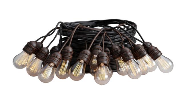 String of Edison-style light bulbs on coiled dark brown cord