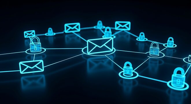 Digital network of glowing blue email and lock icons connected by lines