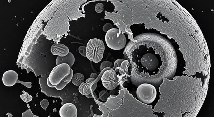 Monochrome scanning electron micrograph of a cracked microsphere revealing its complex internal contents and various smaller particles