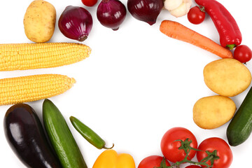 Frame made of different vegetables on white background